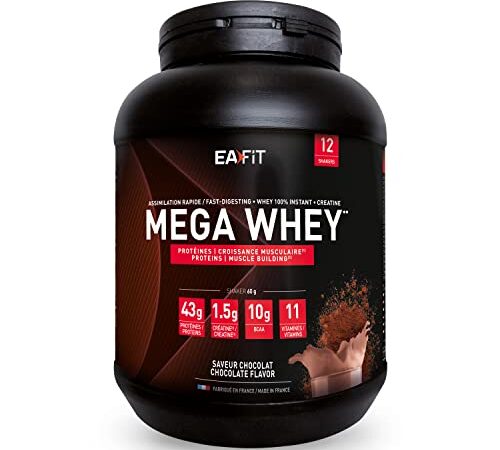 EAFIT Mega Whey, Pour la prise de muscle et le fitness, 43g de proteines de Whey + 10g de BCAA + 1,5g de créatine par shaker, Assimilation Rapide, Complexe High Amino, Chocolat 750g