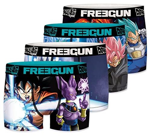 FREEGUN Boxer Homme Vegeta, Sangoku, Beerus, Calecon Homme, Dragon Ball Super, Léger et Doux (Lot de 4), Multicolore, Taille L