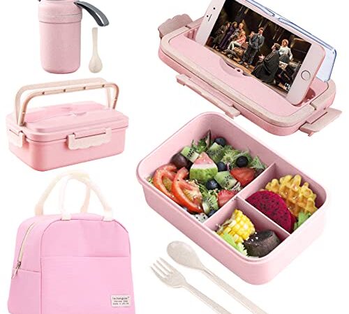 Haoh Bento Lunch Box Kit,1000 ml Boite Repas avec 3 Compartiments et Couverts + Tasse Isolant + Sac Lunch Box, Hermétique Bento Box pour Pique-Nique, Travail, Goûter, Micro Ondes(Rose)