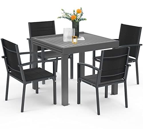 Homall Ensemble de mobilier de jardin pour 4 à 6 personnes, 4 chaises de jardin avec table, en aluminium résistant aux intempéries