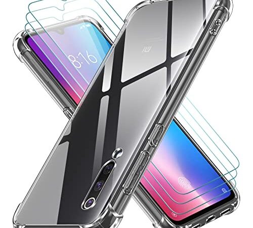 ivoler Coque pour Xiaomi Mi 9 avec 3 Pièces Protection Écran en Verre Trempé, Transparent Étui de Protection en Silicone Antichoc, Mince Souple TPU Bumper Housse