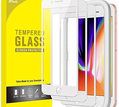 JETech Verre Trempé à Couverture Complète pour iPhone 8 Plus/7 Plus 5,5 Pouces, Bord Blanc Integrale Film en Protection Écran avec Outil d'Installation Facile, Transparent HD, Lot de 3 (Blanc)