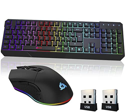 KLIM Blaze & Chroma - Nouveauté 2023 - Pack Clavier Souris Gamer sans Fil AZERTY - Durable, Ergonomique - Ensemble Clavier Souris sans Fil Gaming pour PC, Mac, PS4 PS5 - Batterie résistante intégrée