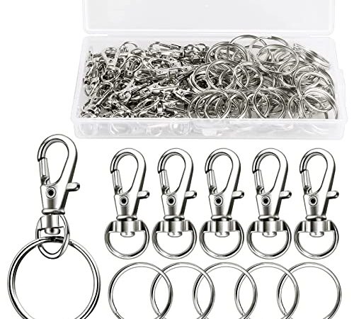 Lot de 100 fermoirs mousquetons pivotants et anneaux porte-clés avec boîte en plastique, 50 clips porte-clés en métal et 50 anneaux porte-clés