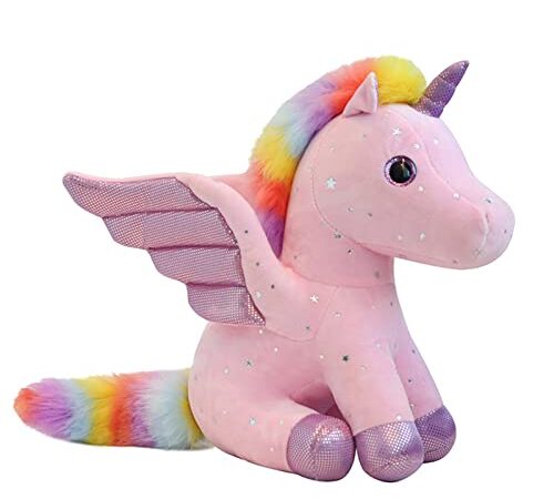 Mislaxy Licorne en Peluche Arc-en-Ciel Multicolore Ange Licorne Pégase Kawaii Oreiller Licorne Doux Cadeau Anniversaire Noël, 23CM (Rose)