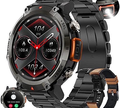 Montre Connectée Homme avec Appels Bluetooth, 1,45'' Smartwatch avec 100+ Modes Sportifs/Torche/SpO2/Lecteur de Musique/Fréquence Cardiaque/Sommeil/ SpO2 pour Android iOS