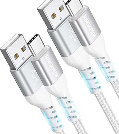 NINGKPOW Câble USB C [2M+2M/Lot de 2] 3.1A Cable USB C Charge Rapide Nylon Tressé Chargeur Type C pour Samsung Galaxy S22 S21 S20 S10 S9 A12 A21 A51, Huawei P50 P40, Redmi Note 10 9 8, Oneplus-Argent