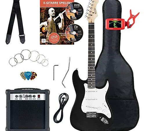 Rocktile ST-Pack Guitare electrique - Ensemble de Guitare électrique Noir - Kit avec Ampli de 25 W, Housse, Sangle, Accordeur, Câble, Cordes et Médiators - Black Highgloss