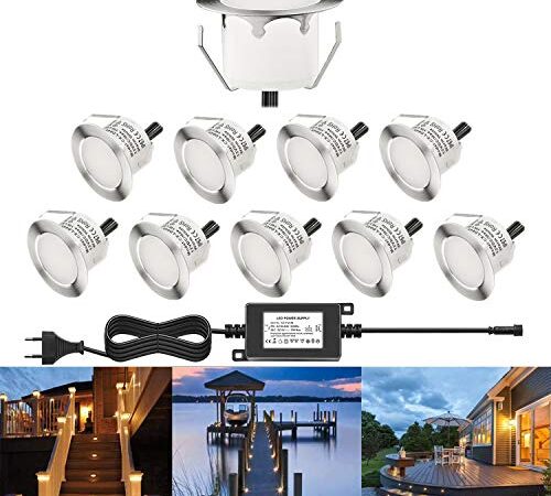 RSWLED Lot de 10 Spots LED Encastrable Extérieur étanche IP67- Spot pour Terrasse Bois Plafond 1W DC12V Kit Mini Spot LED Lampe Extérieur pour Jardin Pisine Blanc Chaud