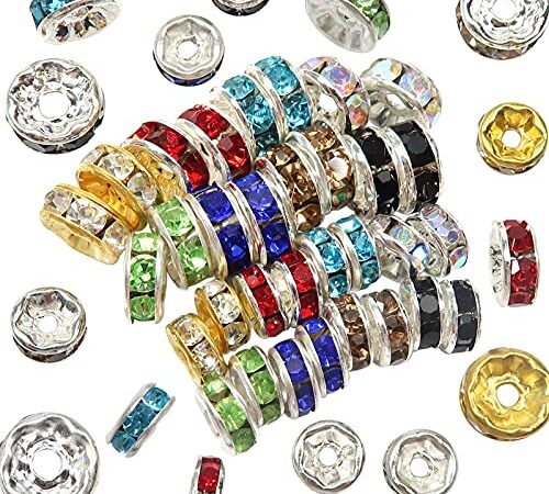 TOAOB 400pcs Perles Rondelles de Couleur Mélangée Perles Intercalaires en Métal 6mm 8mm avec Strass pour Fabrication de Bijoux Collier Bracelet DIY Artisanat