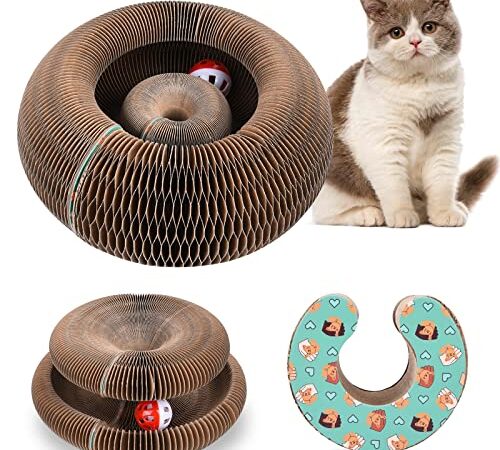 Ulikey Griffoir à Chat Chaton, Tableau à Gratter pour Chat, Premium Carton de Ondulé Planche à Griffe de Meulage pour Chat avec Clochette, Lit à Chat Rond Pliable, Jouet pour Chaton à Gratter (Vert)