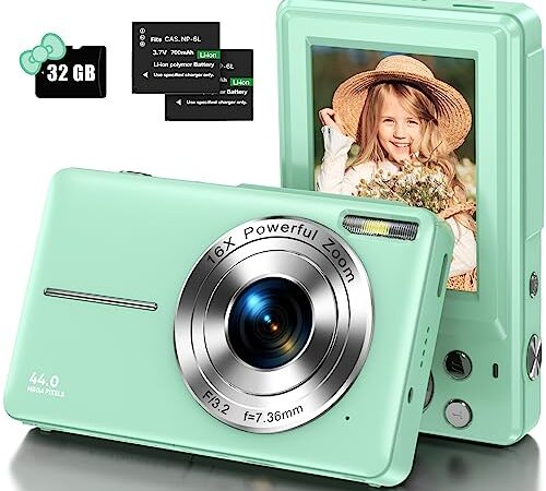 Appareil Photo Numérique, 1080P Appareil Photo Compact pour Avec Carte de 32 Go 44MP Vlogging Appareil Photo Avec Écran LCD Zoom Numérique 16X pour Adolescents, Filles, Garçons, Débutants-Vert