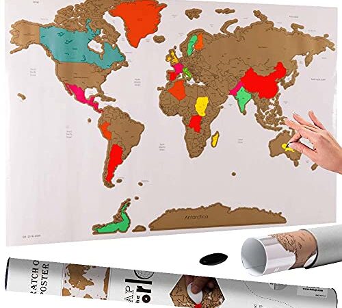 BAKAJI Carte du monde à gratter Carte géographique à gratter Taille 82,5 x 59,5 cm Fixation murale Design moderne Boîte cylindrique et fichier Idée cadeau Blanc