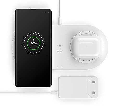 Belkin Double station de recharge à induction (double chargeur sans fil 10 W pour iPhone 13, 13 Pro, 13 Pro Max, Galaxy S20, S20+, S20 Ultra, Pixel 4, 4XL, AirPods, etc.)