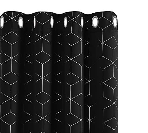 Deconovo Lot de 2 Rideaux Occultants à Oeillets Isolant Thermique Anti Froid Motif Geometique Imprimés Argents, Rideaux Salon Chambre pour Enfant Garcon, Halloween Noir, 117x138cm