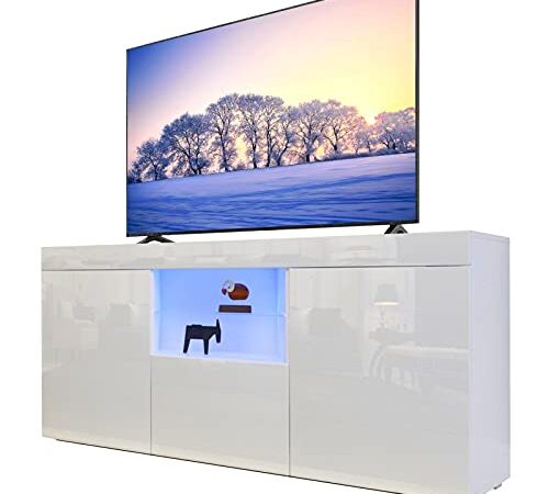 Dripex Meuble TV, Bas, avec éclairage LED, Blanc Brillant, avec Portes et Rabat, 135 x 70 x 35 cm