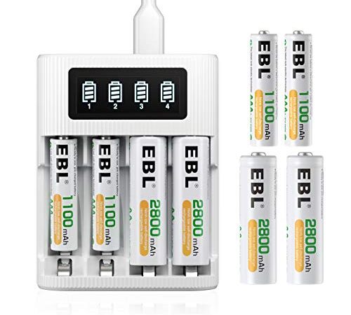 EBL LCD Chargeur de Piles Rapide- avec 4PCS AA 2800mAh et 4PCS AAA 1100mAh Piles Rechargeables NI-MH, LCD Chargeur Rapide par Micro USB avec Écran LCD Intelligent et 4 Slots Indépendants