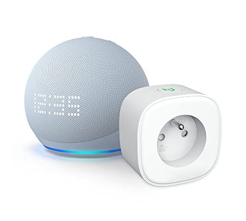 Echo Dot (5e génération, modèle 2022) avec horloge, Bleu-gris + Meross Smart Plug (Prise connectée WiFi), Fonctionne avec Alexa - Kit de démarrage Maison connectée