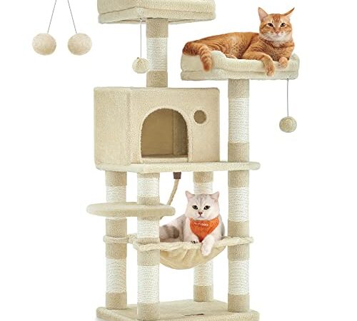 Feandrea Arbre à Chat Hauteur 112 cm, Tour de Jeux pour Chat, avec 11 Poteaux à Griffer, 2 Plateformes, 1 Niche, 1 Hamac, 2 Pompons, en Tissu Peluche, Plusieurs Niveaux, Beige PCT215M01