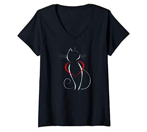 Femme J'aime le chat T-Shirt avec Col en V