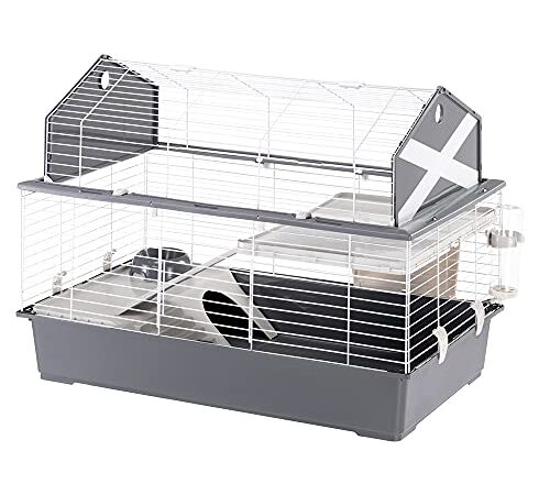 Ferplast Cage Barn 100 pour Lapins et Petits Animaux, 2 étages, Toit Ouvrant, Accessoires et Adhésifs Inclus