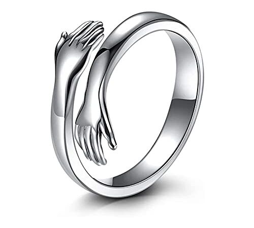 HMOOY Anneau de Câlin, Bague Câlin Ajustable en Argent Sterling 925 Bague Ouverte Mains Enlacées en Argent Couple Câlin Anneaux Bague de Promesse pour Anniversaire Bague D'amour pour Femme (Argent)