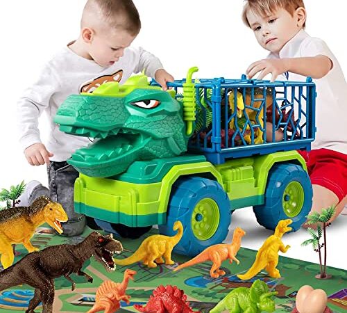 Jouets de Camion de Dinosaure pour Enfants de 3 à 5 Ans, Camion de Transport de Voiture T-Rex avec 8 Figurines Dino, Tapis de Jeu d'activité, Ensemble de Jeu de Dinosaure Jurassique pour garçons