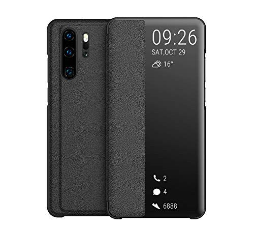 KANSi Coque Compatible pour Huawei P30 Pro, Smart View Flip Faux Cuir Coque + Protection Ecran - Noir