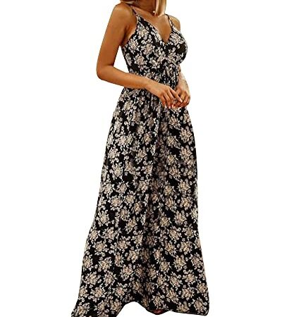 Luojida Robe Longue Femme Boheme Sexy sans Manche Fleurs Imprime Robe De Plage Ete et Fente Avant Robes Femmes Soldes Ete Chic Casual Robe Legere Fluide ÉtÉ Elegant Cocktail Party (L, Fleurs Noires)