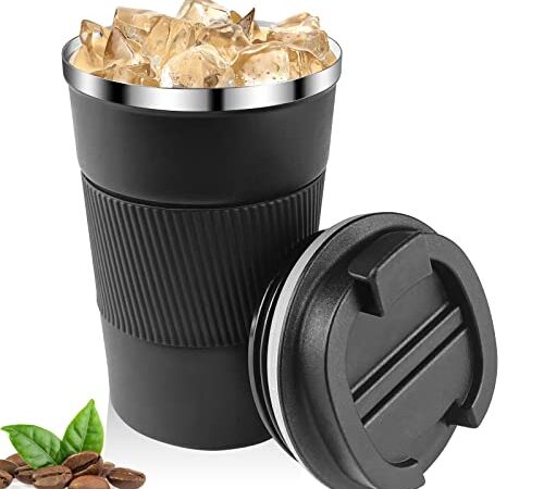 Relota Mug Isotherme Cafe 380ml Noir, Mug Isotherme Réutilisable Acier Inoxydable 304 Tasse de Voiture avec Couvercle, Café Étanche Mug de Voyage pour Café Chaud et Froid, Lait et Thé