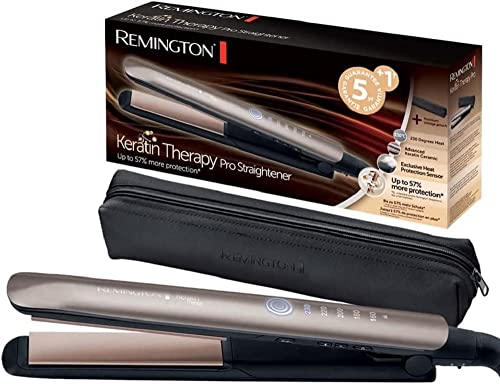 Remington Lisseur Cheveux [Innovation: Capteur de Protection contre la chaleur] Keratin Therapy (Soin Kératine & Huile d'Amande, Céramique, Ecran LCD, 160-230°C, pochette) Fer à lisser S8593