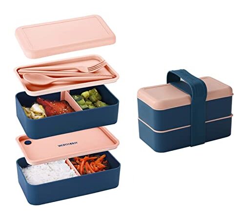 Ruucy Bento Lunch Box, 1400ml Double Boite Repas Compartiment avec Couverts, Boîtes Bento Micro Onde, Boite Lunch avec 2 Divisions, Bento Box Pique Nique per Adulte e Enfant（Rose）