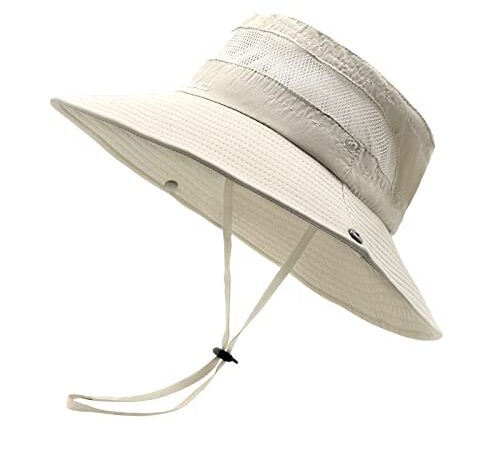 SEYUFN Chapeau Femme Soleil Outdoor Summer Chapeau Randonnée Protection UV Chapeau De Brousse Queue De Cheval en Maille à Large Bord pour La Randonnée (B-Pas de Trou pour Queue de Cheval-Beige)