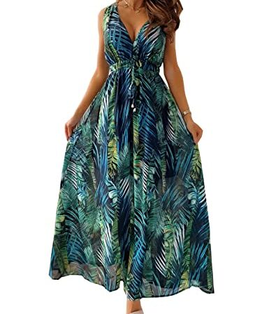 TOPLAZA Robe de Plage Longue Femme Décolleté en V Impression de Plantes Tropicales, Vert, L