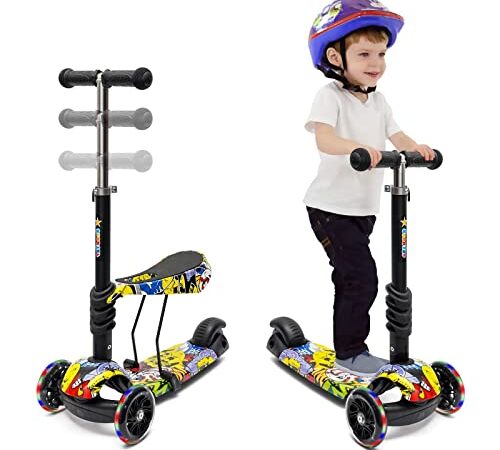 Trottinette à 3 Roues pour Enfants - Trottinettes Double Usage pour Enfants/Tout-Petits, Hauteur Réglable, Plateau Antidérapant, Feux de Roue Clignotants, pour Garçons/Filles de 3 à 12 Ans