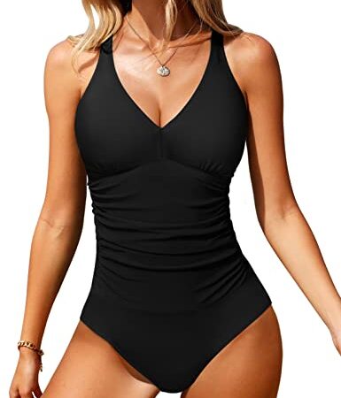 UMIPUBO Maillot de Bain Femme 1 Pieces Ventre Plat, Sexy Col en V Push Up Maillot de Bain Swimwear, Elégant Slim Grande Taille Swimsuit(Noir,L)