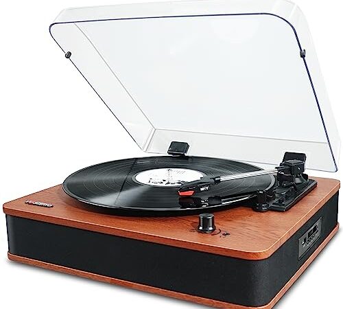 VOSTERIO Platine Vinyle Tourne Disque Bluetooth avec Haut-parleurs Stéréo, Rétro Lecteur Vinyles à 3 Vitesses, avec Encodage sur USB et SD, Radio FM, Entrée AUX, RCA, Affichage LED