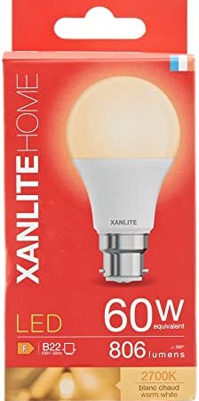 Xanlite Ampoule LED A60 Standard Culot B22 - Ampoules Baïonnette Angle D'Éclairage 240° - Ampoule B22 10W Équivalant 60W - Ampoule LED B22 806 Lumens - Ampoule Baionnette Lumière Blanc Chaud - EB806G